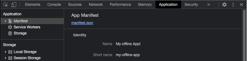 Chrome Devtools showing the 'Manifest' section of the 'Application' tab displaying the title of the Web App Manifest