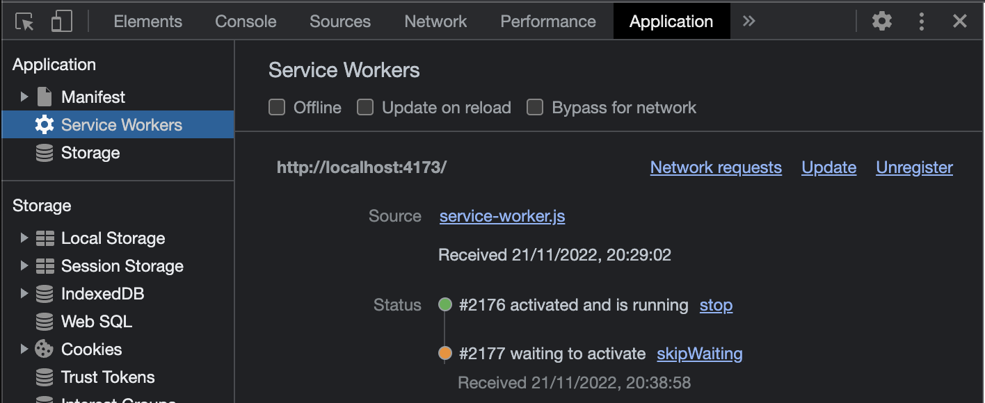 Chrome Devtools showing the 'Service Worker' section of the 'Application' tab displaying two active Service Worker versions, one 'activated and is running' and one 'waiting to activate'