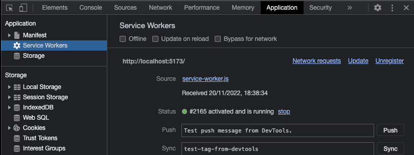 Chrome Devtools showing the 'Service Worker' section of the 'Application' tab displaying the registered Service Worker