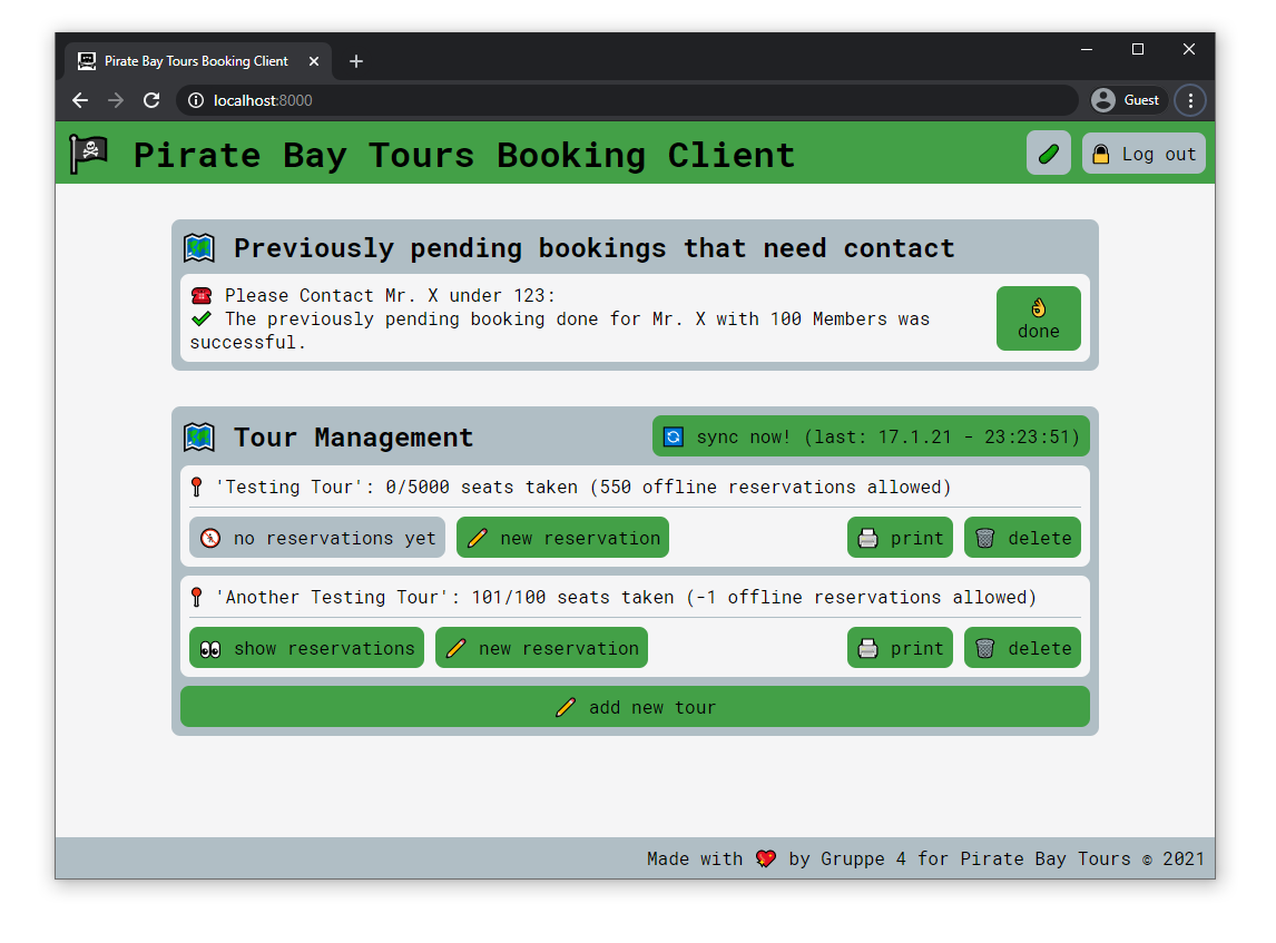 UI of Pirate Bay Tours Booking Client