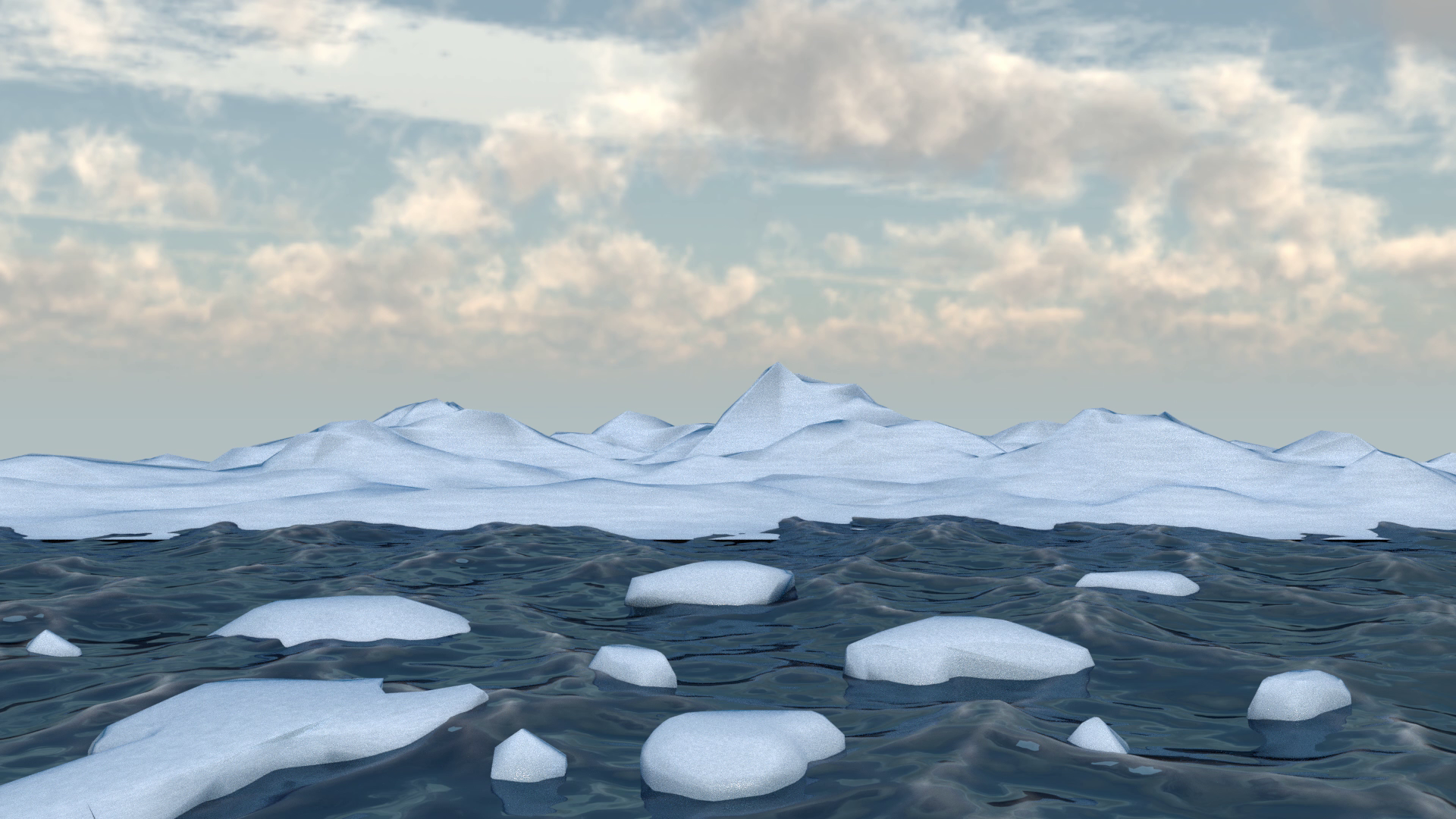 A Frame from Scene 4, showing the ocean with ice pieces and an iceberg in the background, the sun above in the sky.